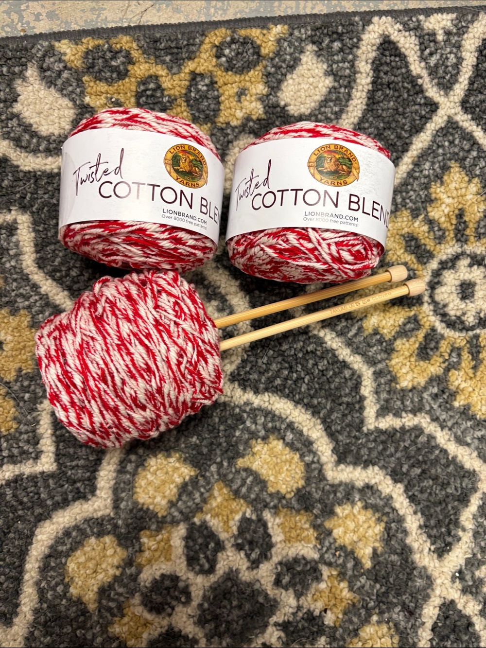 Lion Brand Twisted Cotton Blend Yarn - Red & White (3 skeins)